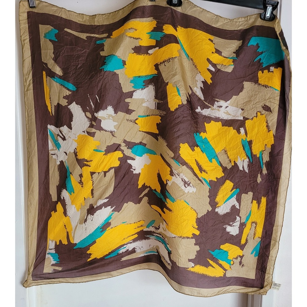 Golden Camel Silk Scarf Brown Yellow Blue Tan Abstract Vintage Wrap Shawl
